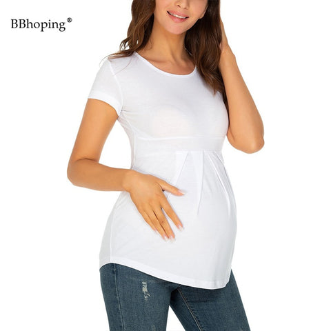 Hot Sale Pregnancy Tops Tees Embarazadas Summer Short Sleeve White Solid Color Round Neck Pink Casual Maternity Clothes T Shirts