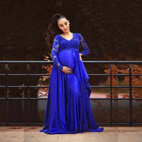 Maternity Baby Shower Dress V-Neck Long Sleeves Lace Chiffon Maxi Gown Pregnant Women Fancy Photo Shoot Photography Prop Clothes