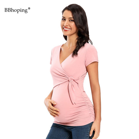 Summer Women Maternity T-Shirts Pregnant Nursing Tops Pregnancy Short Sleeve Solid Color Top Waist Tie Breastfeeding Shirts